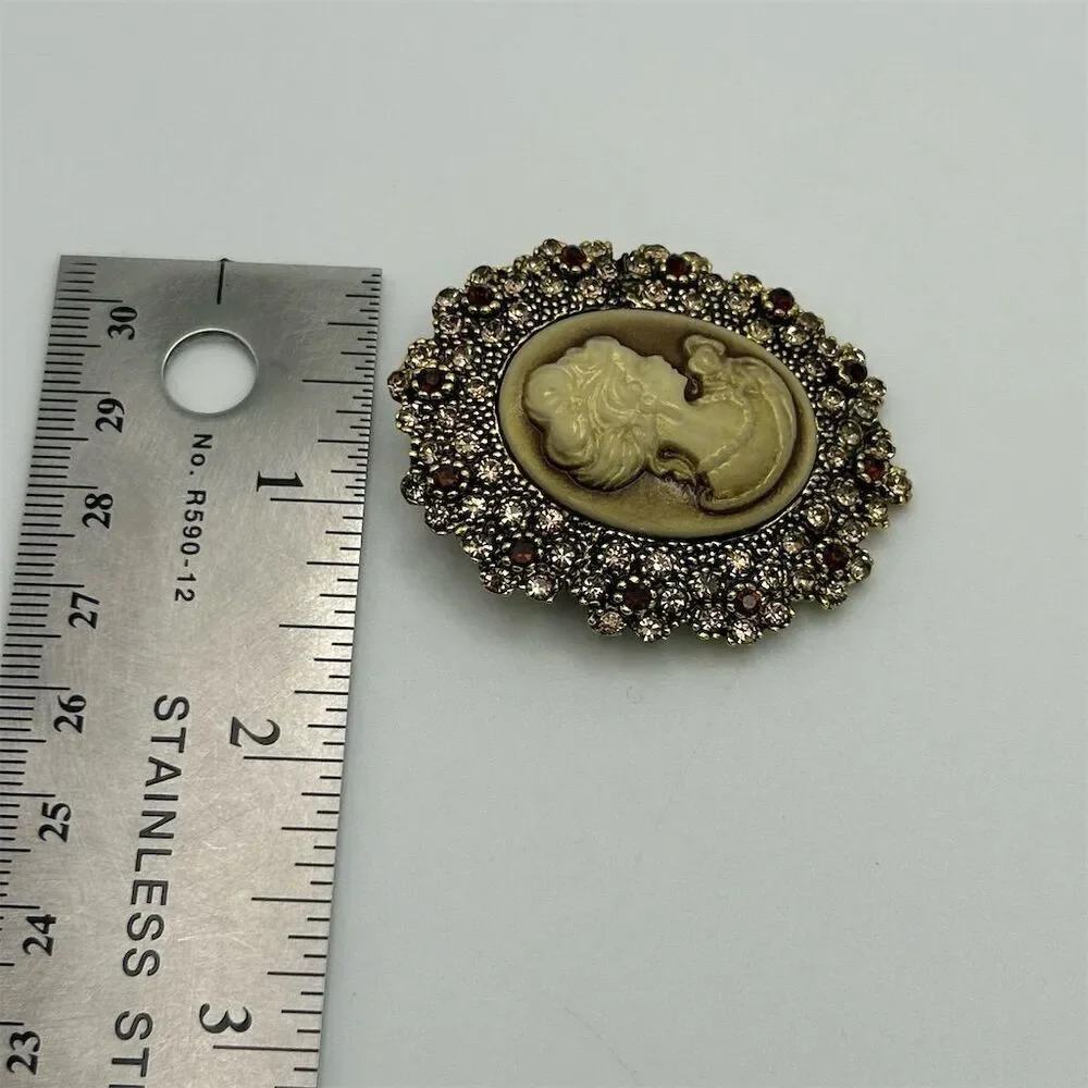 Vintage Style Victorian Lady Cameo Brooch Gold and Brown Rhinestones Retro